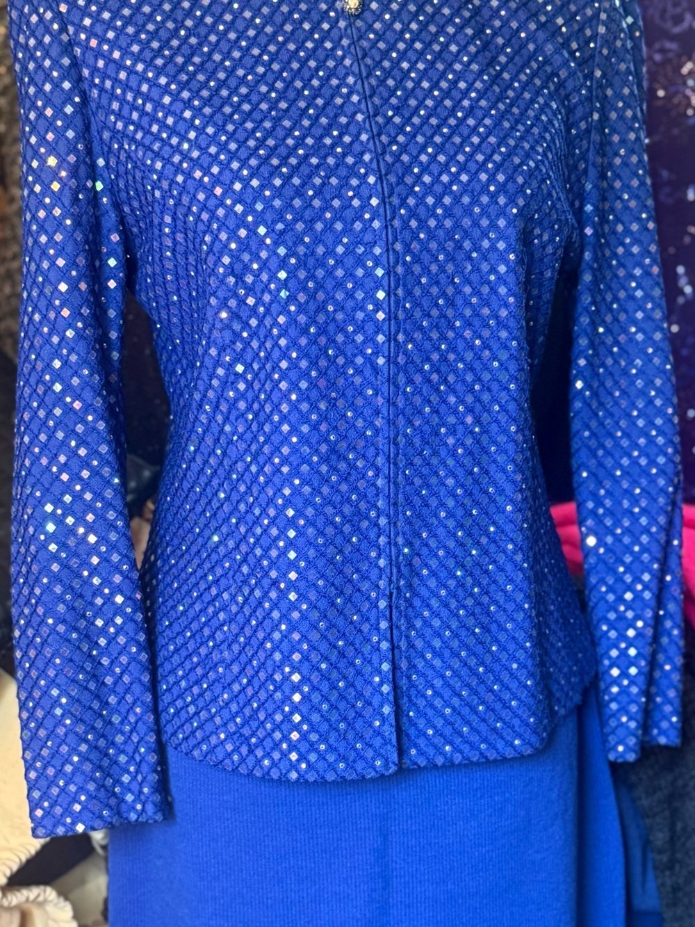 St. John Royal Blue Sequined Mandarin Collar skirts suit. Super blinking . - Picture 3 of 5